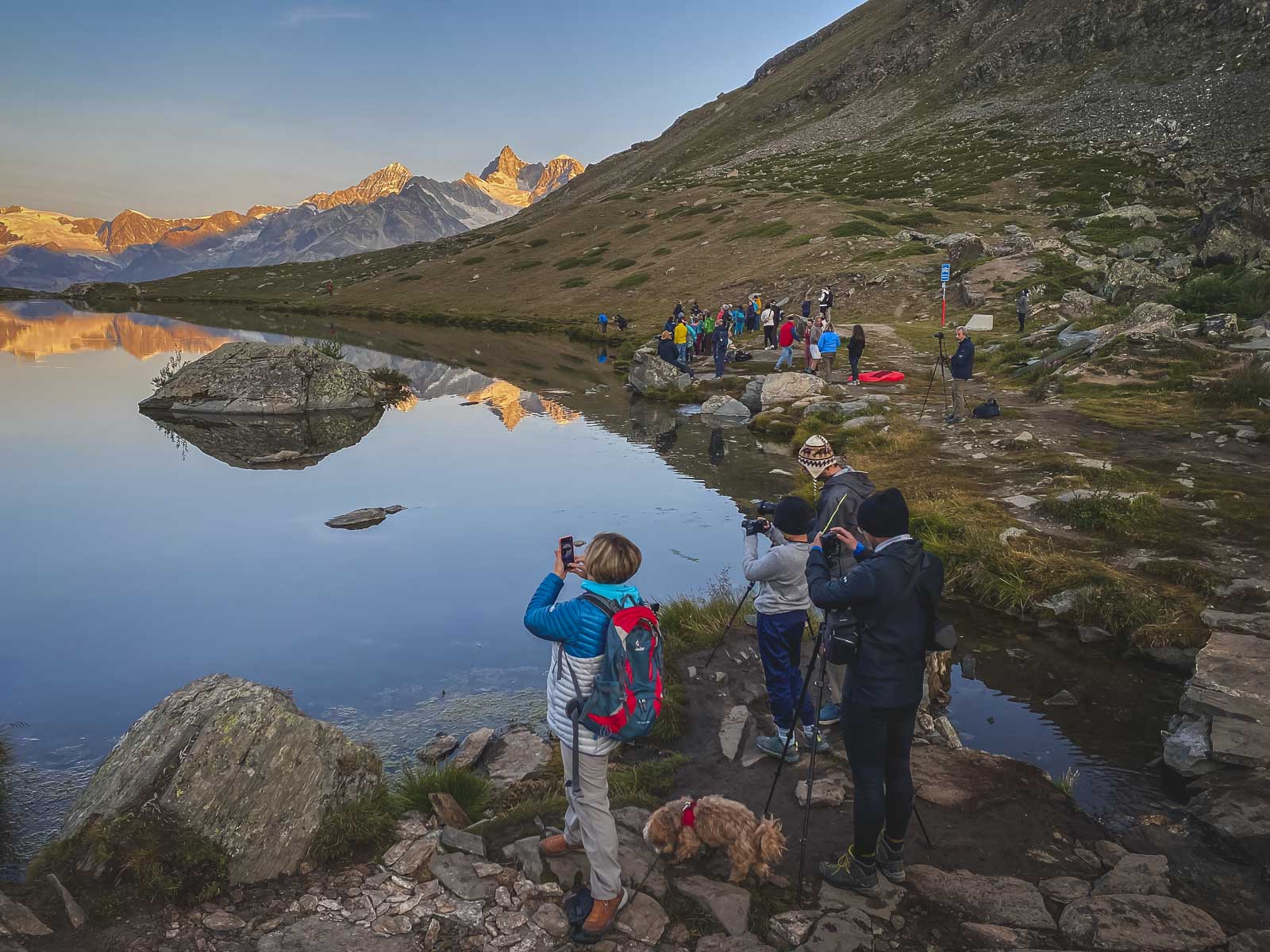 Crowds at Stellisee for sunrise in Zermatt