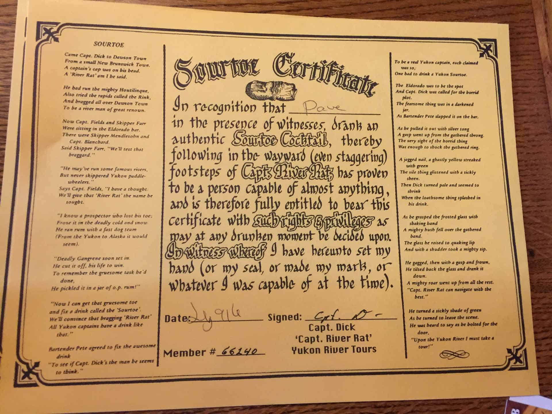 Our certificate proving we drank the sour toe cocktail