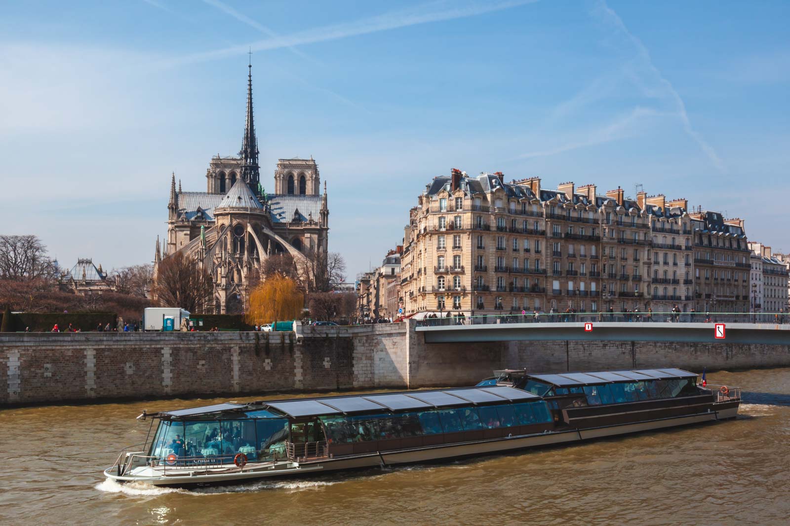 Um cruzeiro fluvial passando pela Torre Eiffel.