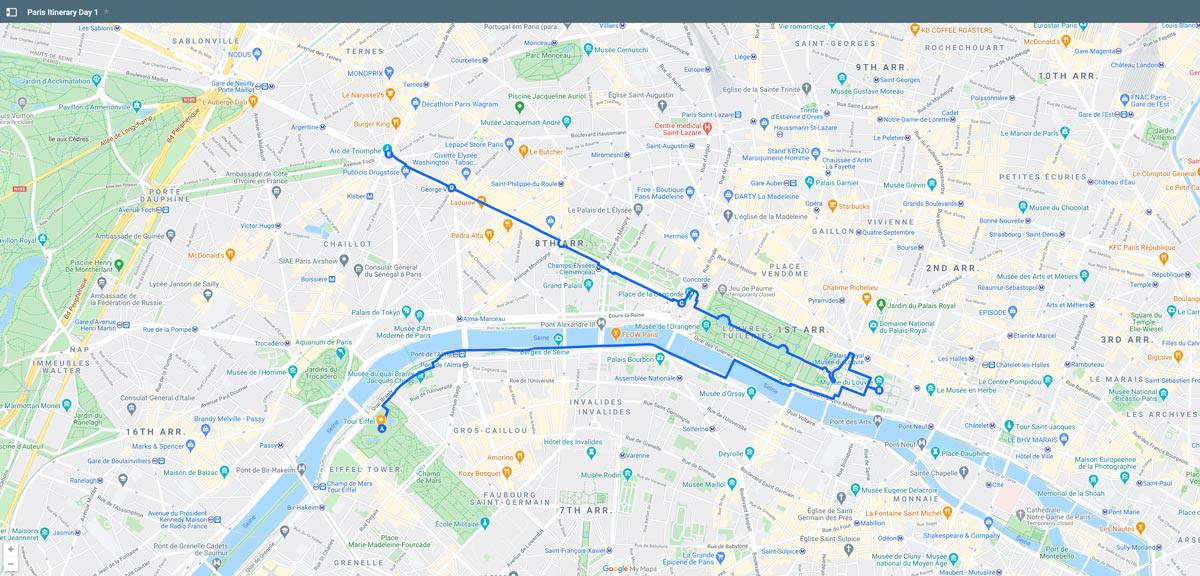 Paris Itinerary Map Day 1