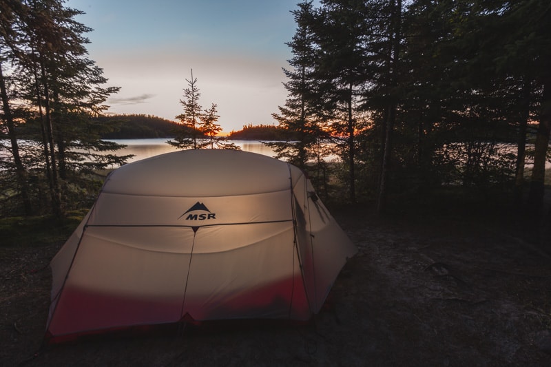 tent in ontario camping at sunset