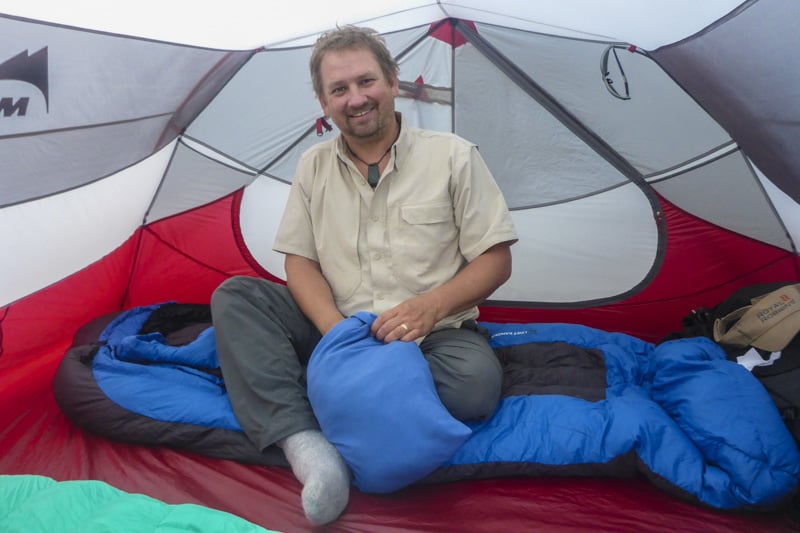 dave inside a tent camping in ontario canada 