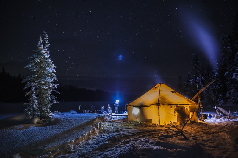 prospectors tent at night in ontario Canada