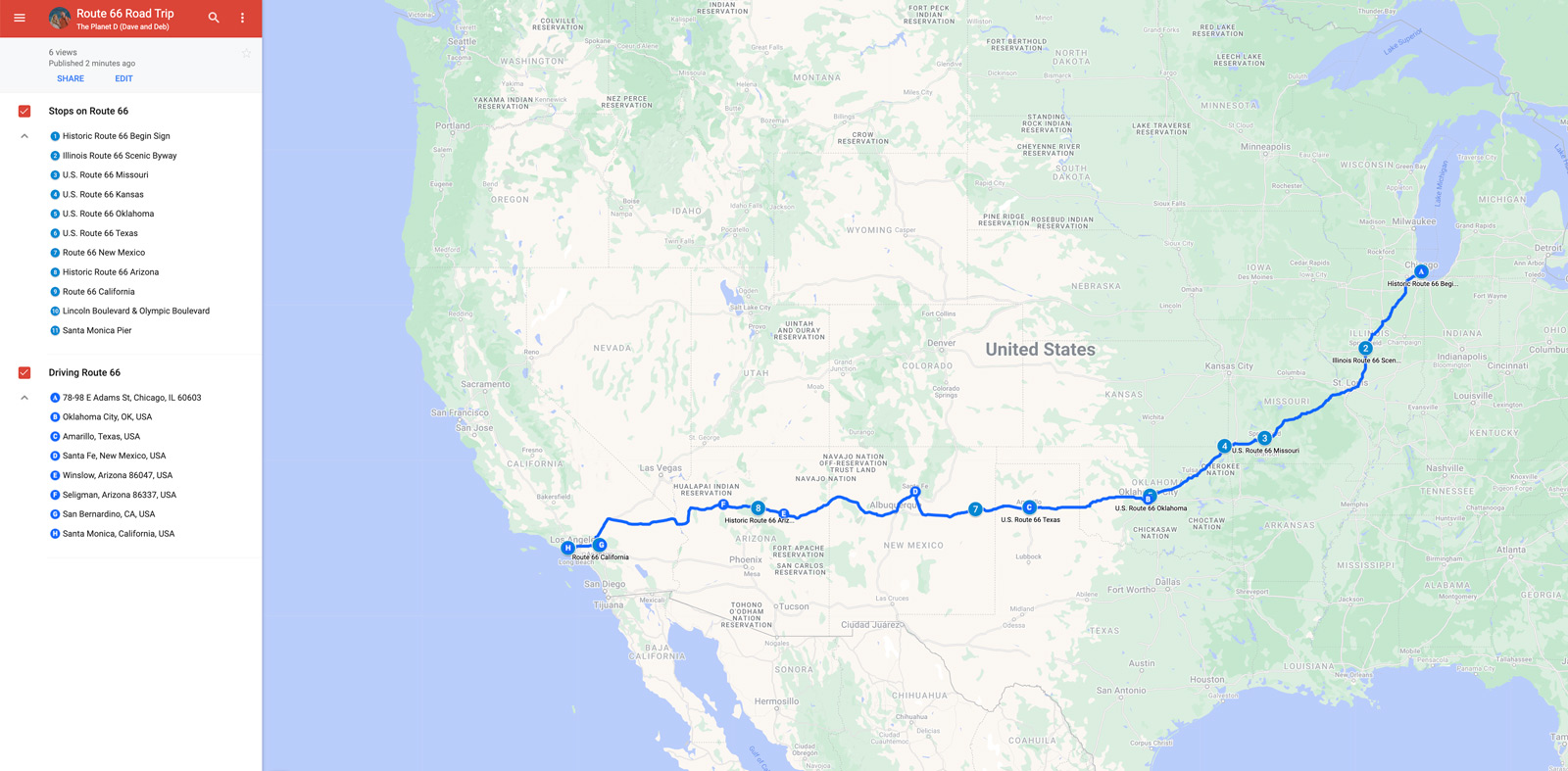 map of route 66 itinerary