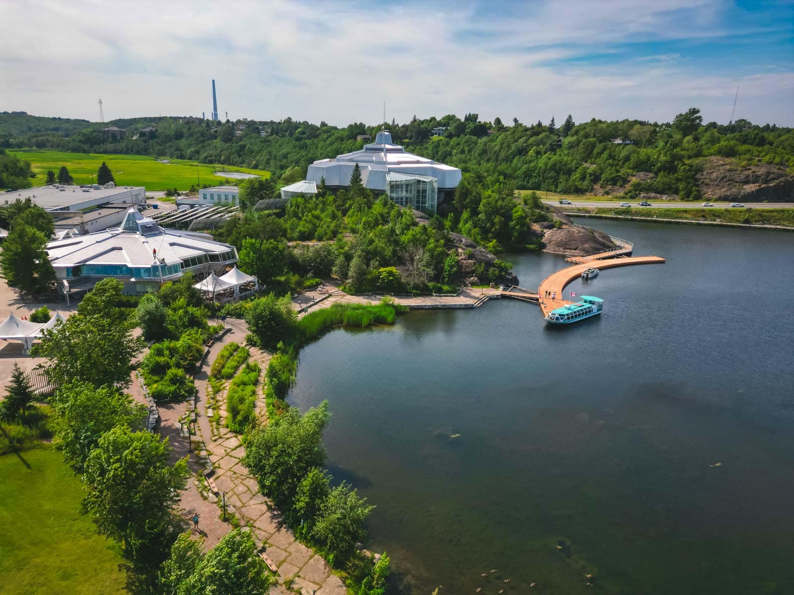Science North building on Ramsey Lake with interactive exhibits and four floors of discovery