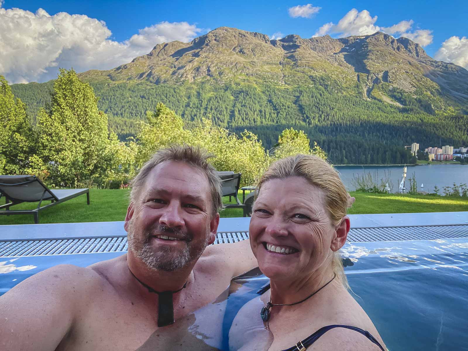 Enjoying Infinity pool at Hotel Kulm in St Moritz