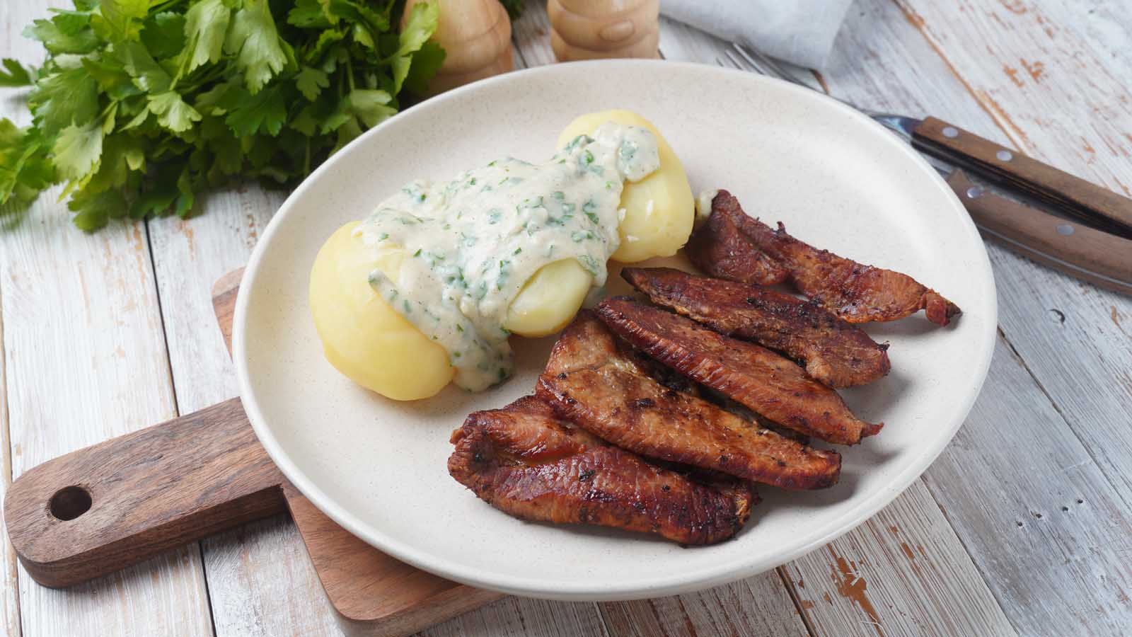 Danidh Food National Dish Stegt Flæsk Med Persillesovs - Fried Pork Belly With Potatoes and Parsley Sauce