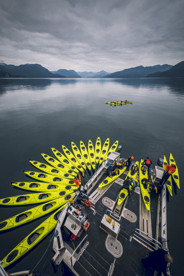 Kayaks on the back of the Sea Legacy in Alaska