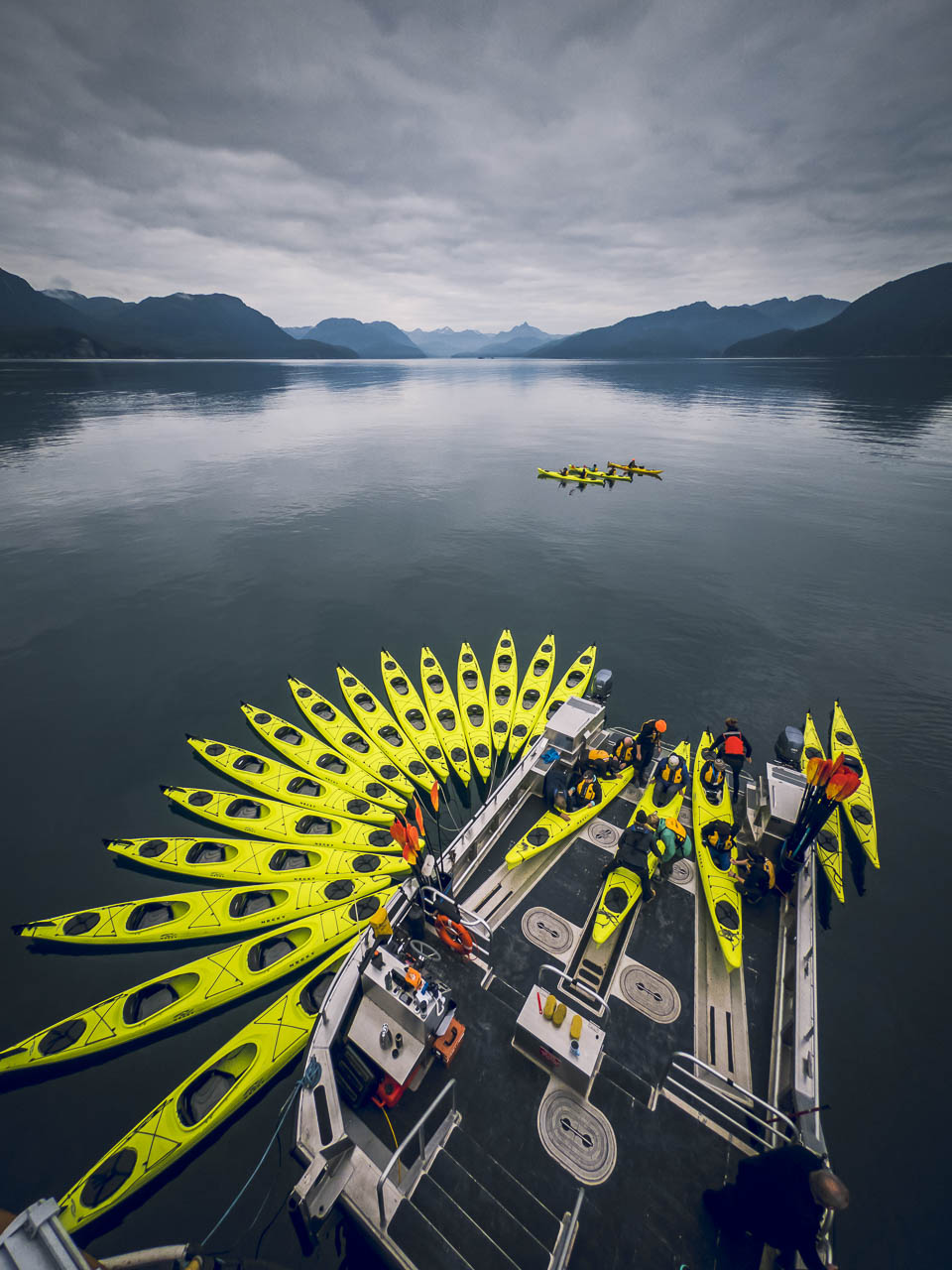 Kayaks on the back of the Sea Legacy in Alaska