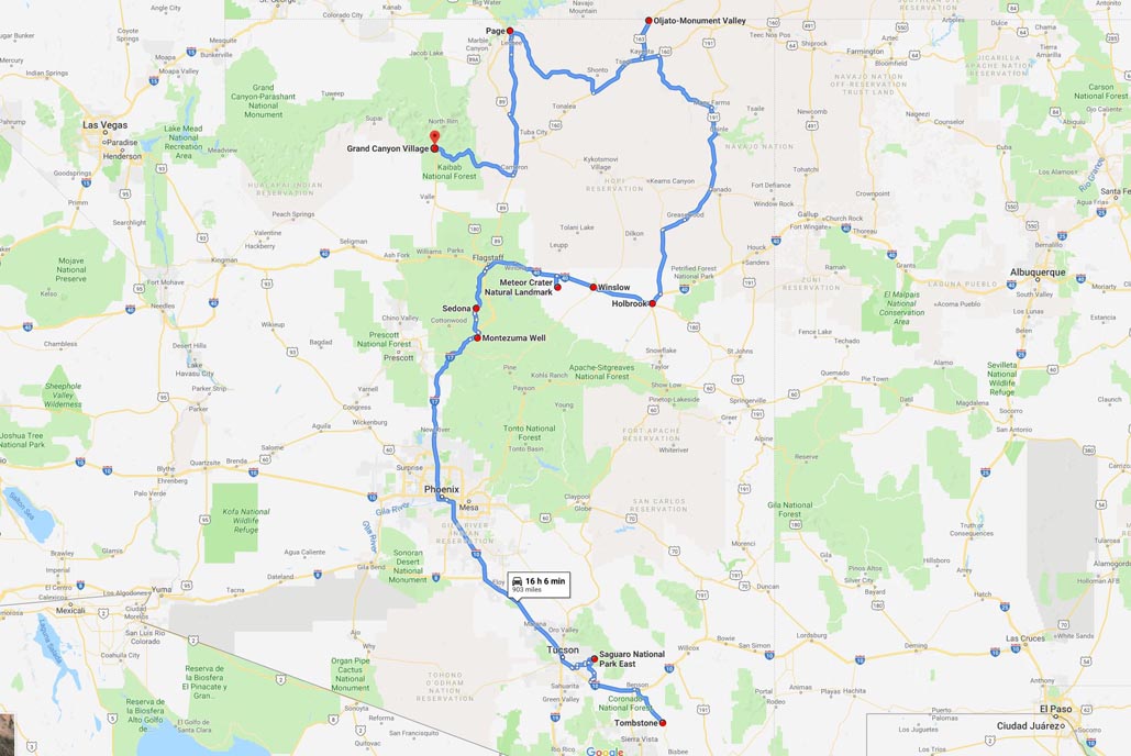 arizona road trip planner map