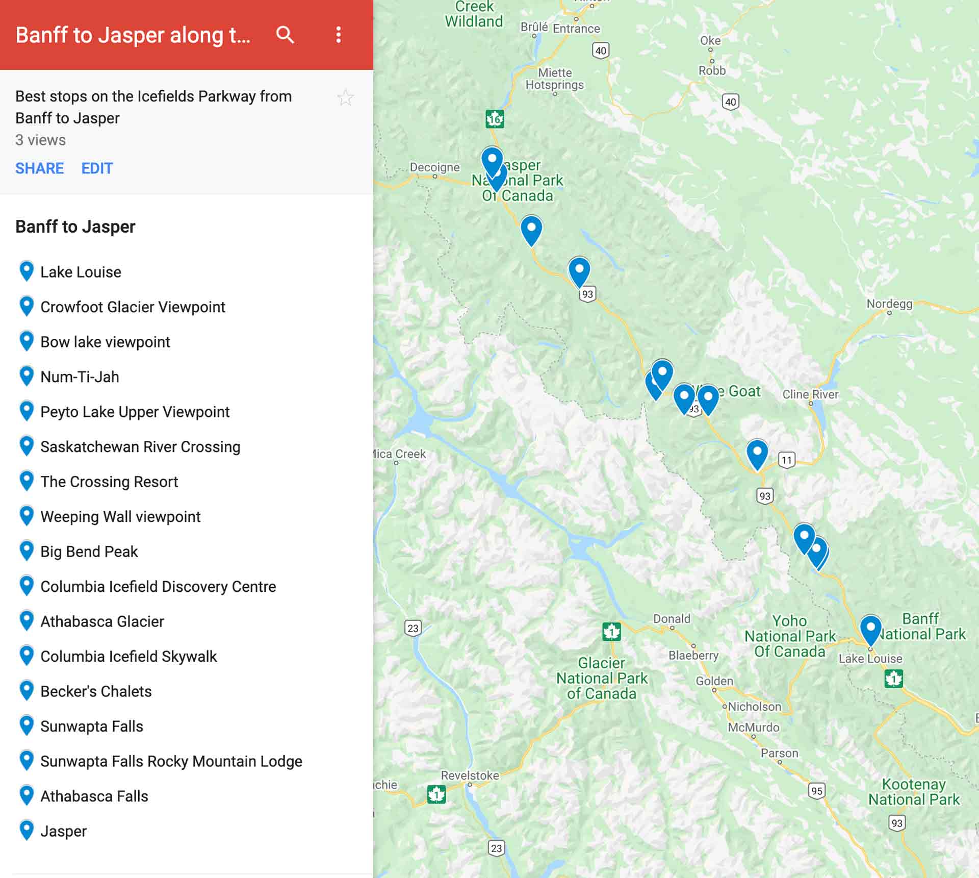 banff to jasper icefields parkway map