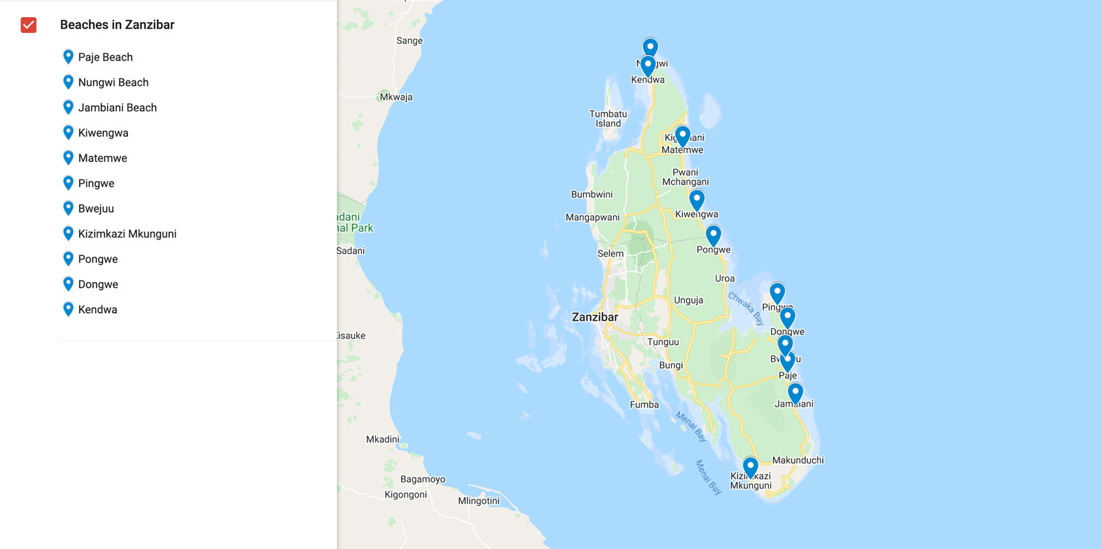 best beaches in Zanzibar map