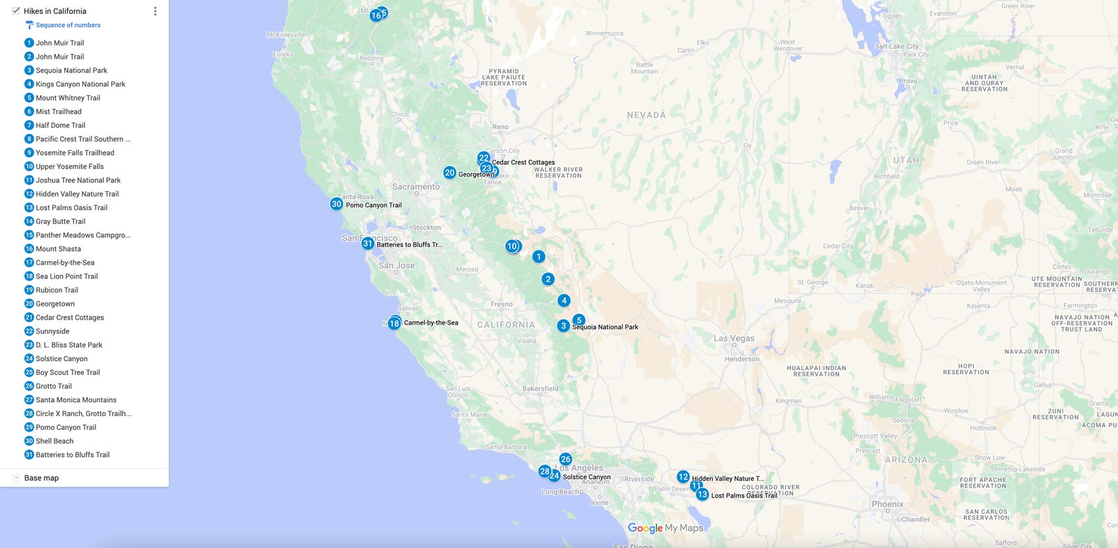 best hikes in California map