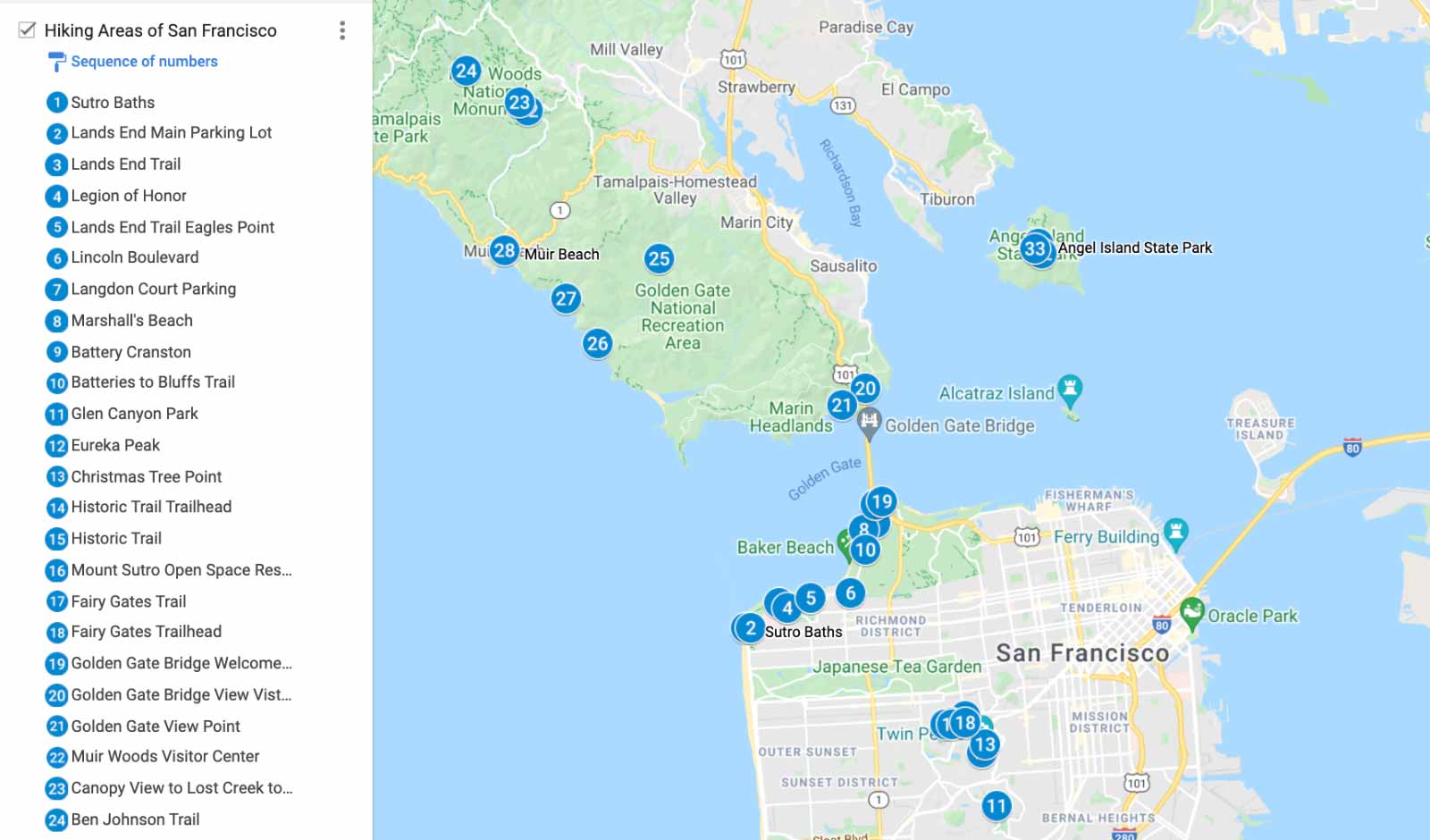 best hikes in san francisco map