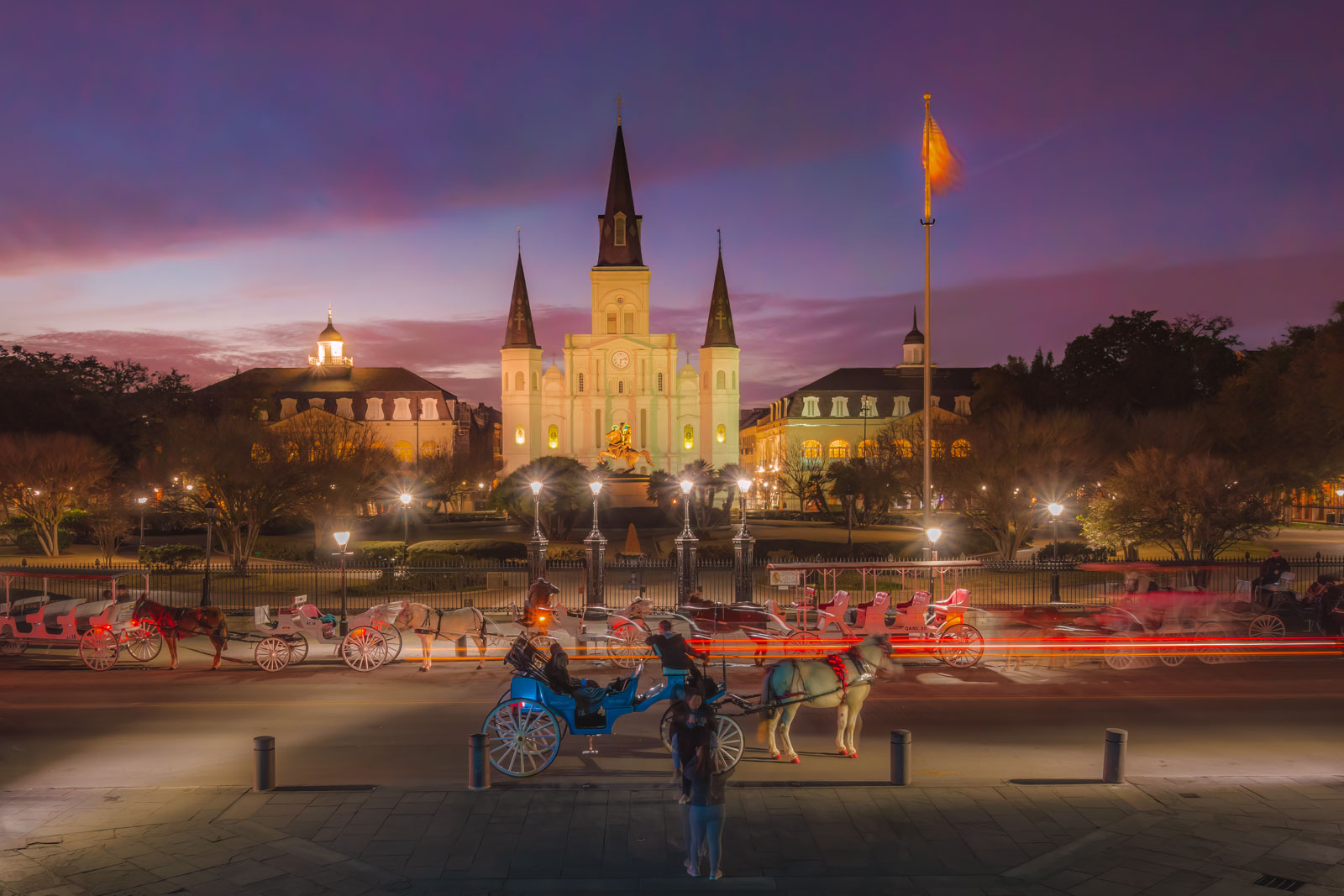 A sunset view of Jackson Square in New Orleans