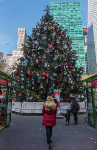 Deb from The Planet D in front of the Christmas tree in Bryant Park