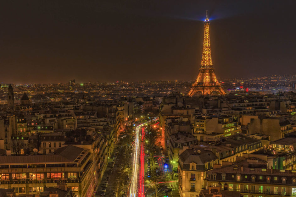 eiffel tower and champs elysees lights at night