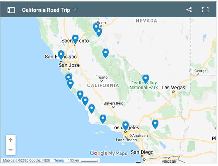 california road trip itinerary map