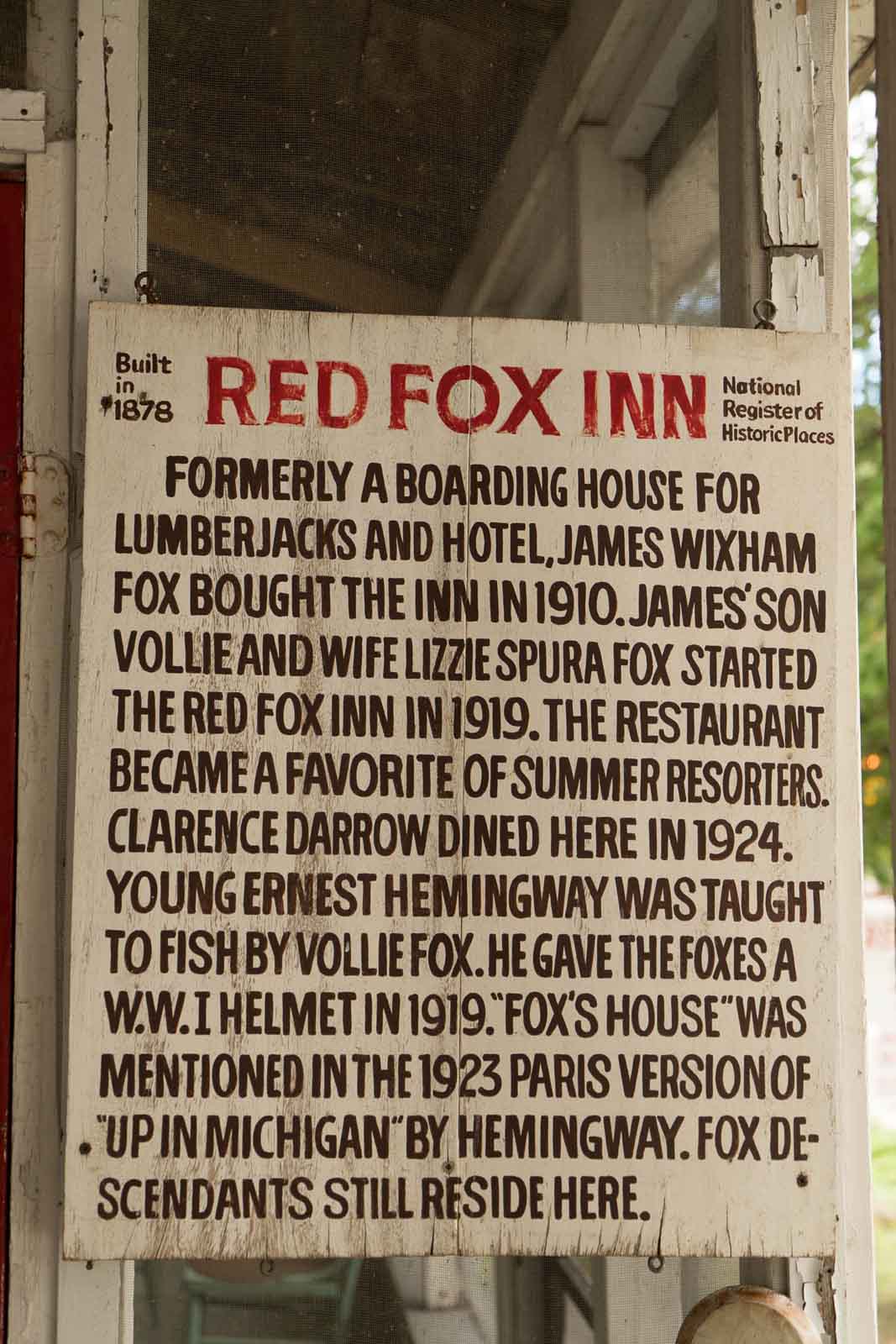 hemingway sign Red Fox Inn Petosky