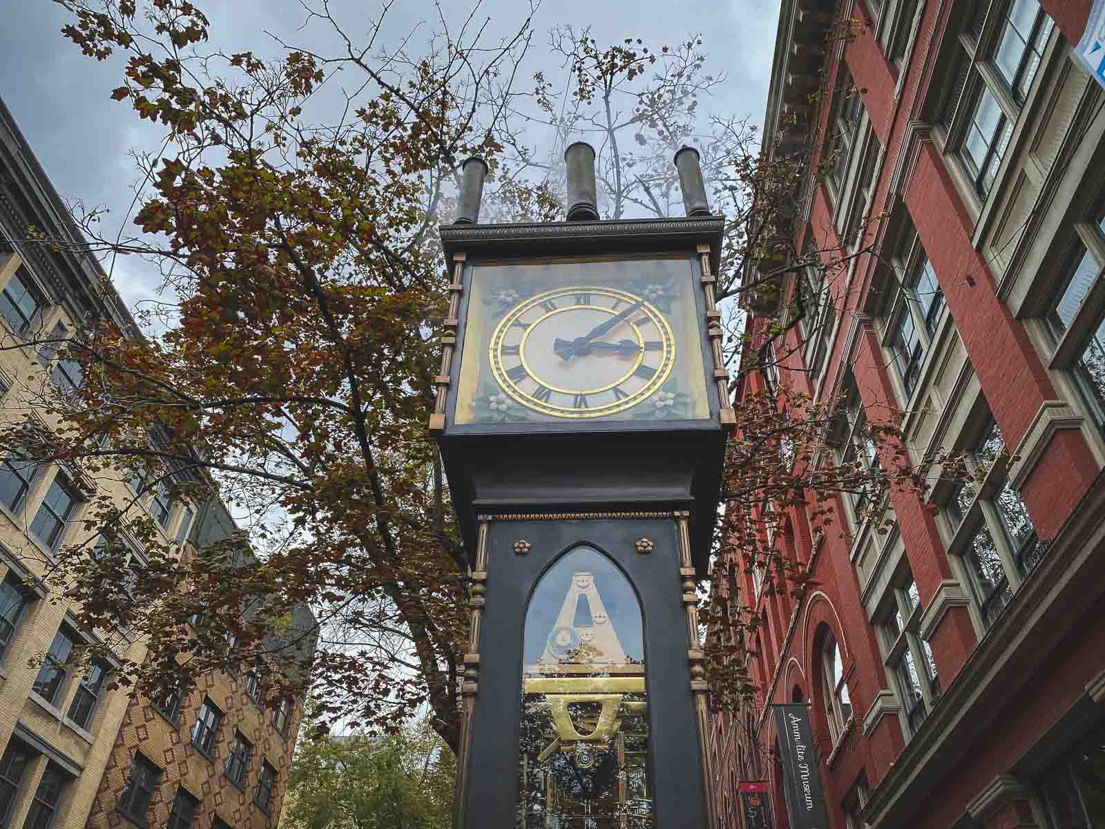 The historic Gastown Steam Clock on a cobblestone street at dusk.