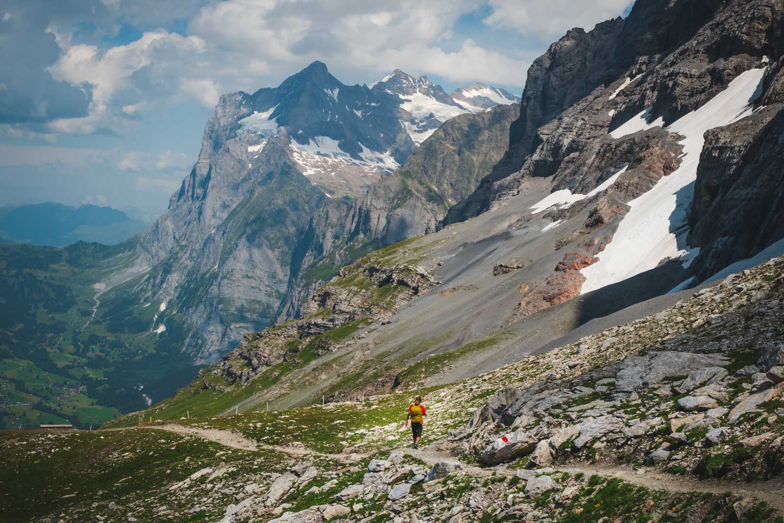 Grindelwald and Eiger trail with alpine peaks and village view – hiking in the Alps