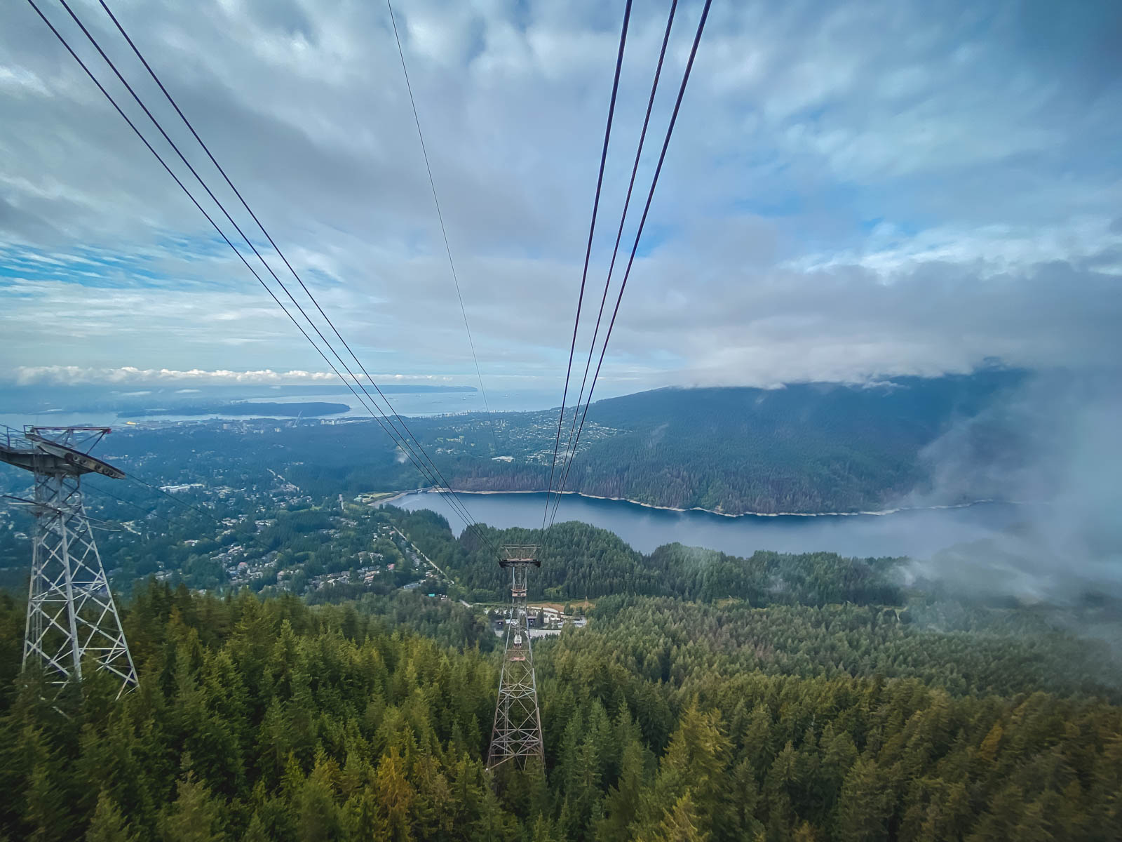 Sweeping panoramic view from the top of Grouse Mountain looking down on the city of Vancouver and Stanley Park.