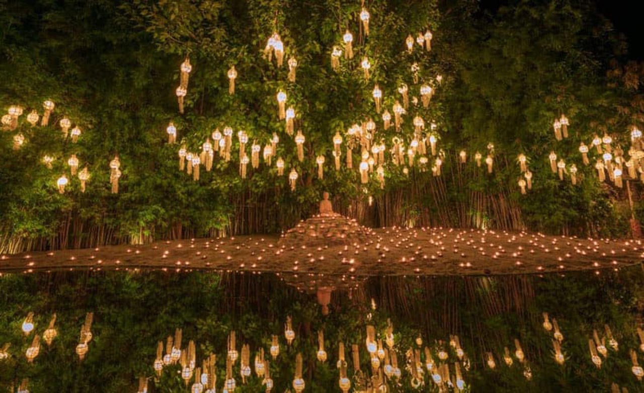 loy krathong lanterns in trees in Chiang Mai