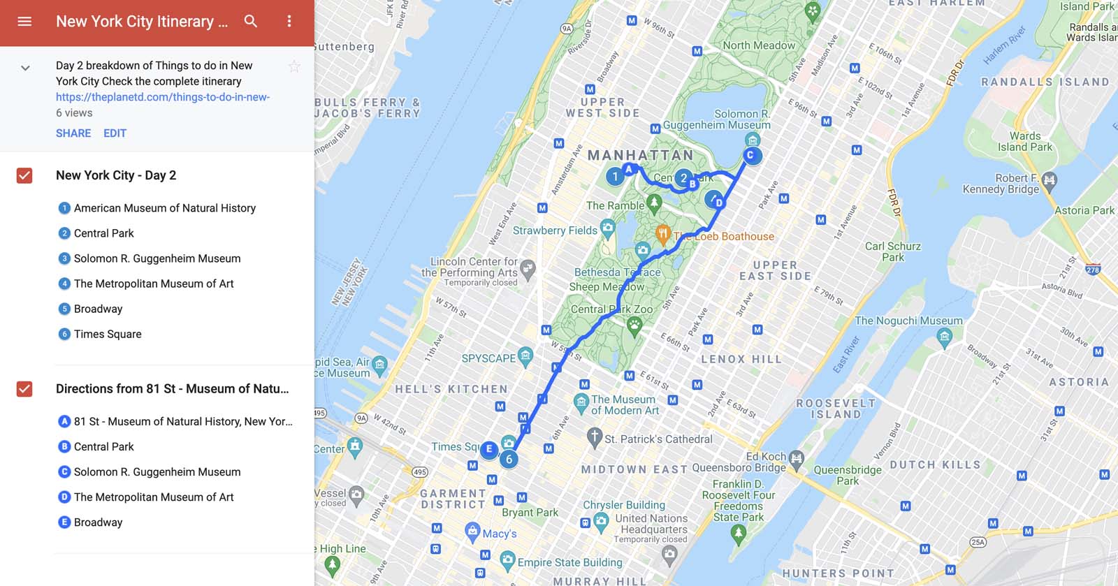new york city itinerary map