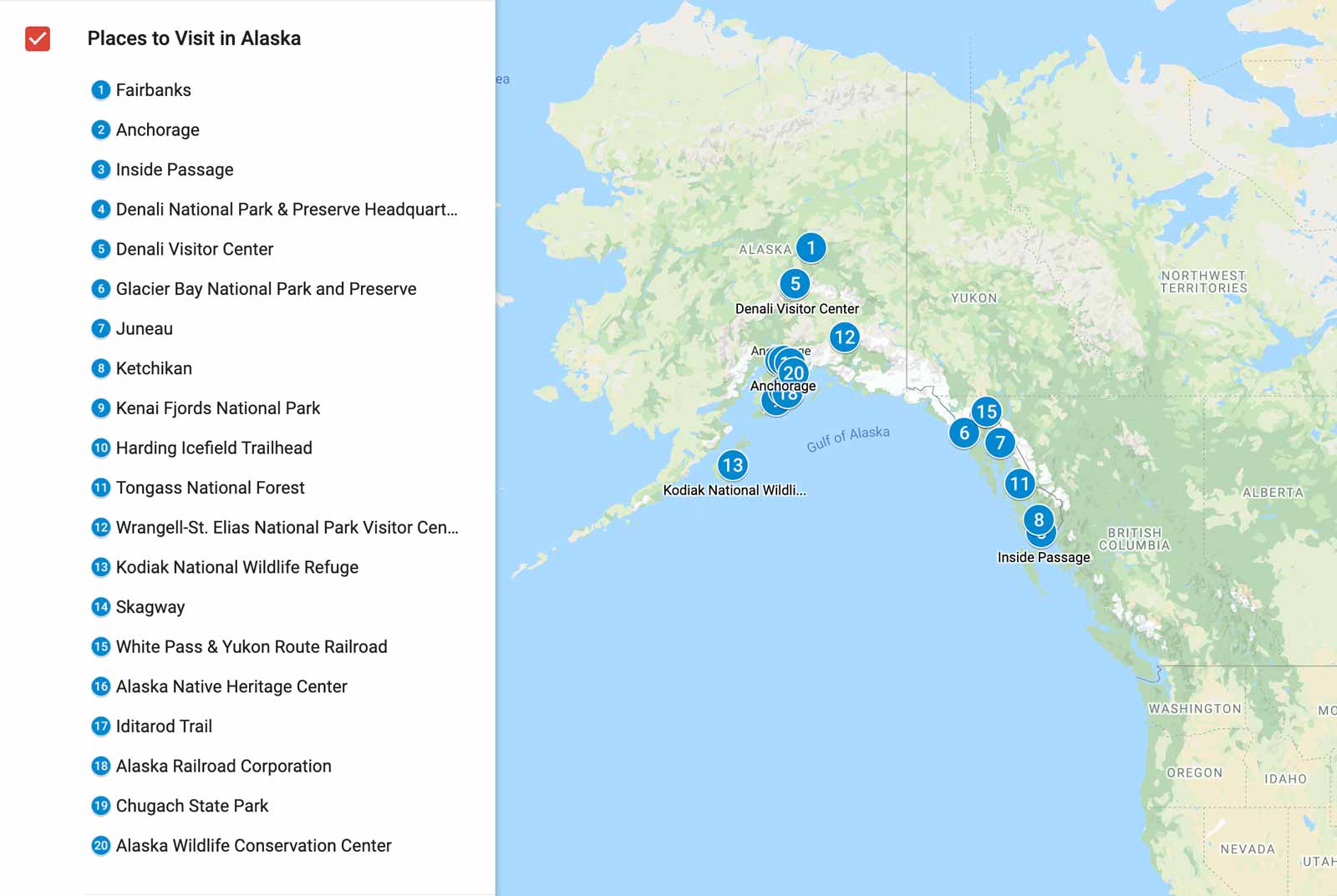 map of Places to visit in Alaska