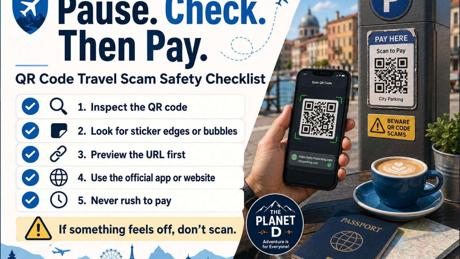 Pause Check Then Pay QR code travel scam safety checklist