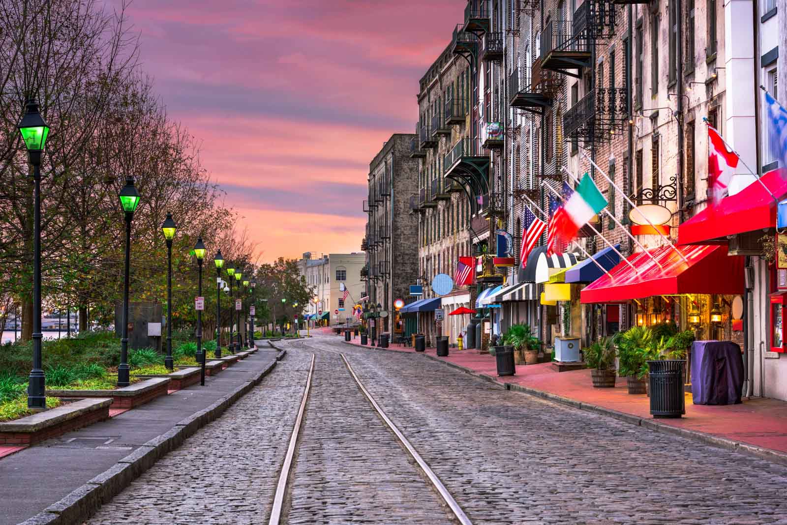 The beautiful River Street in Savannah, Georgia at sunset.
