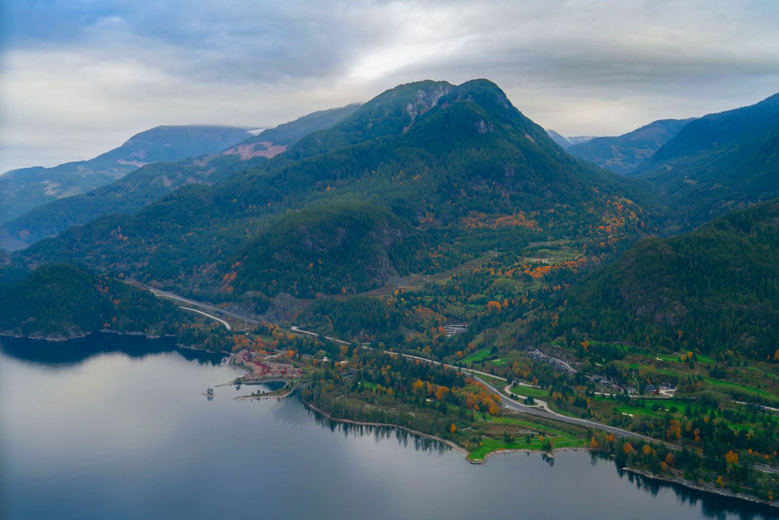 The Sea to Sky  highway as seen from a airplane tour over Squamish