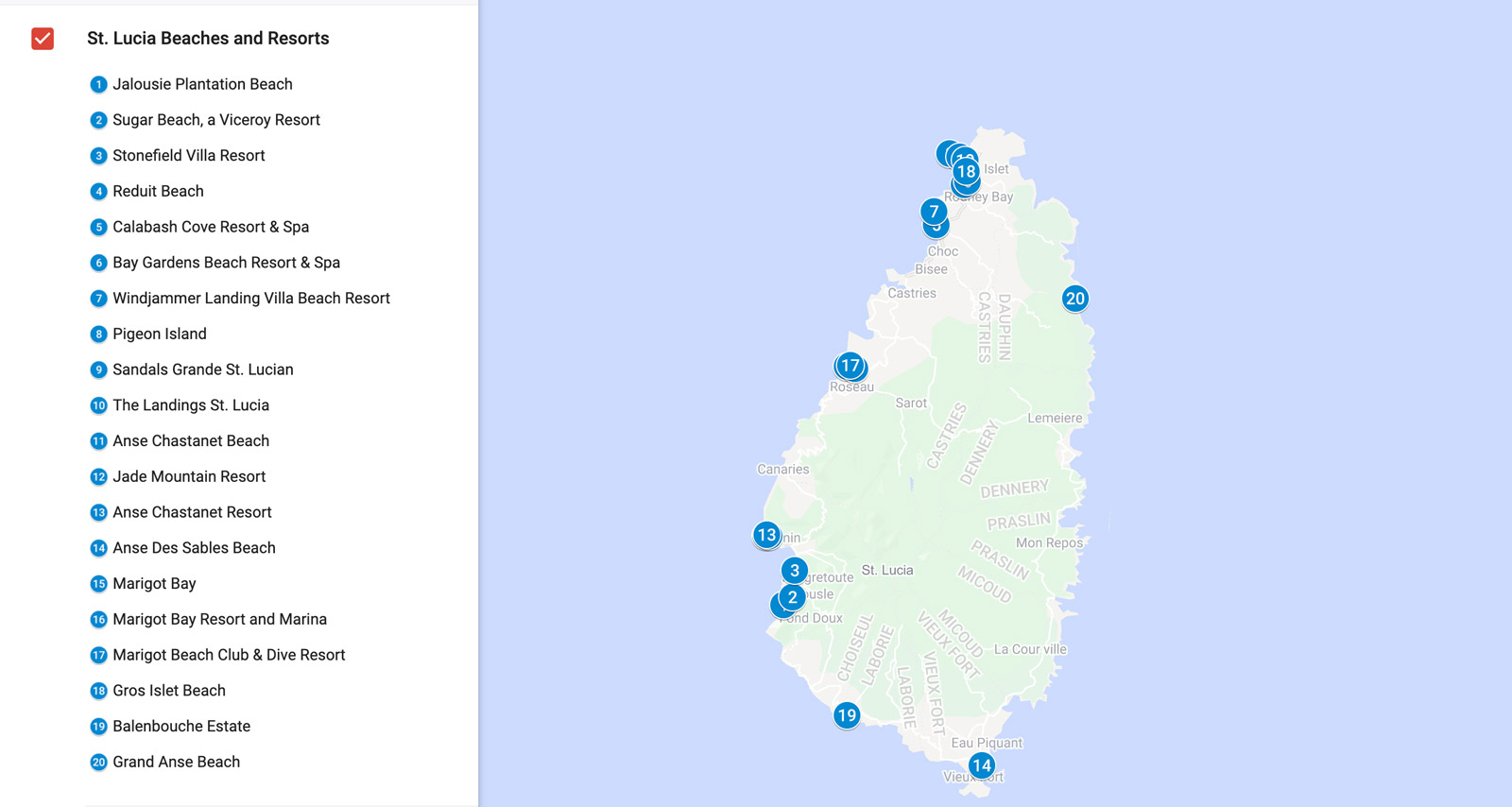 best beaches in st lucia map