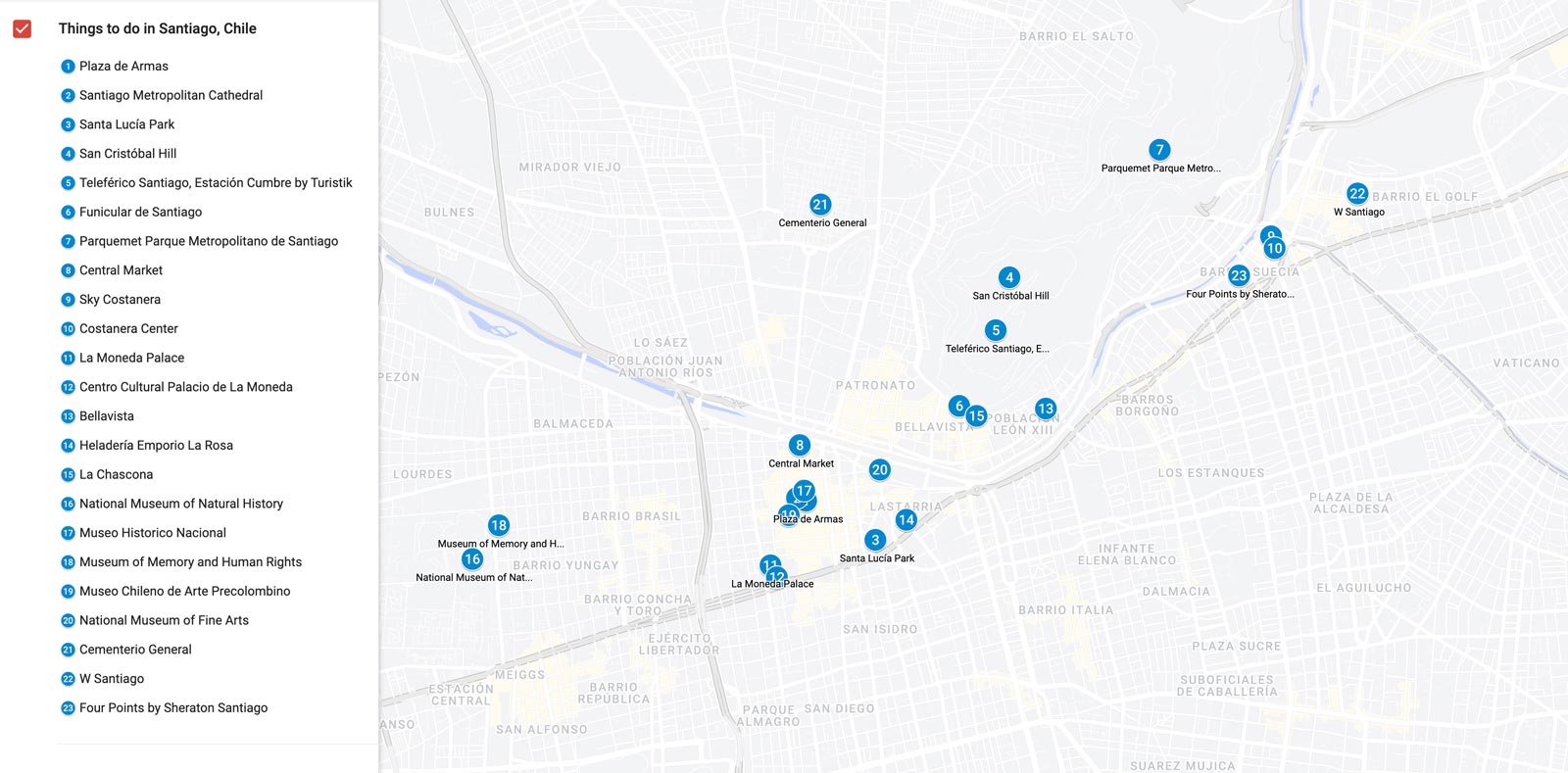 map of best things to do in santiago chile