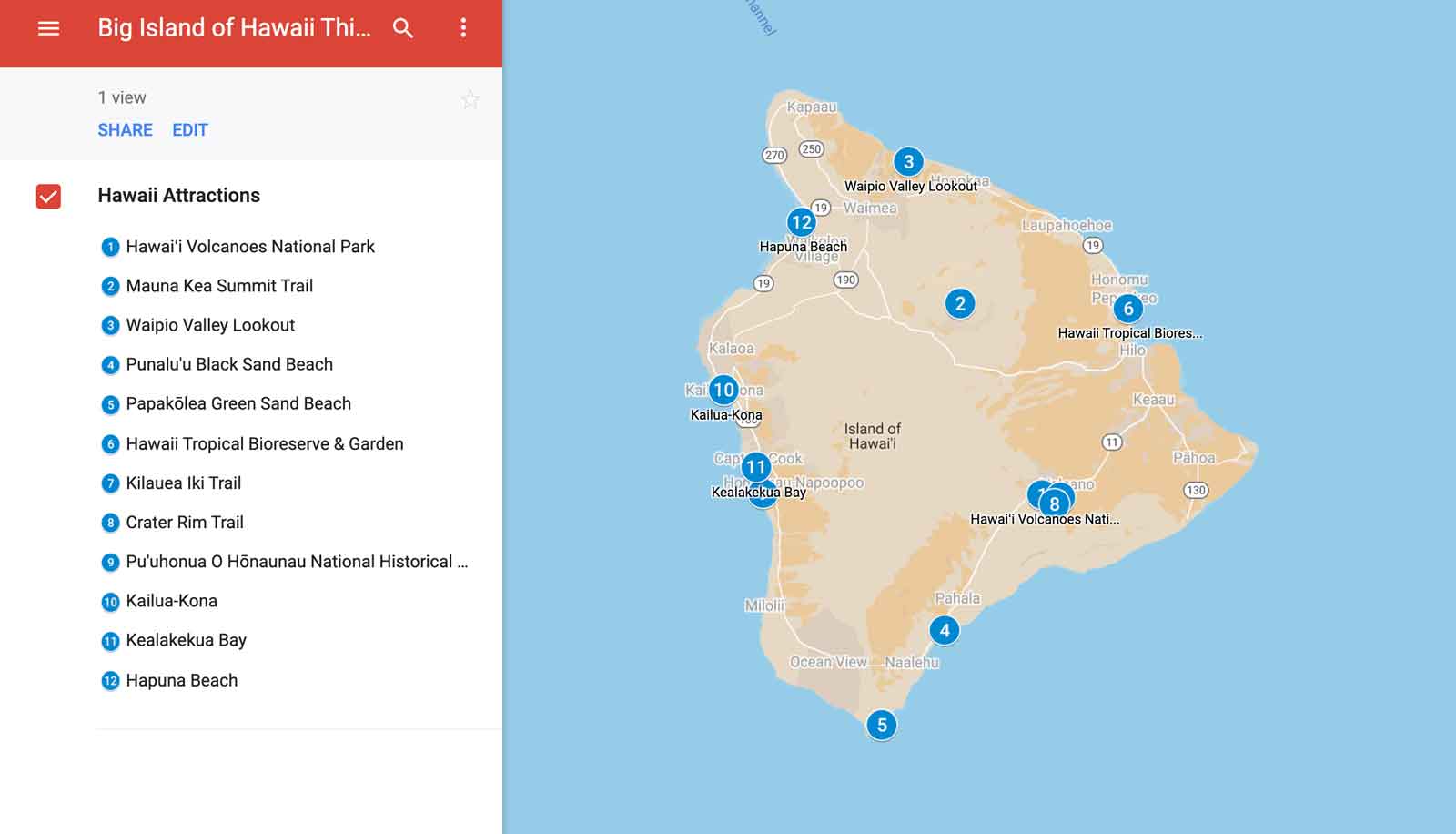 Top Things to do on the Big Island Map