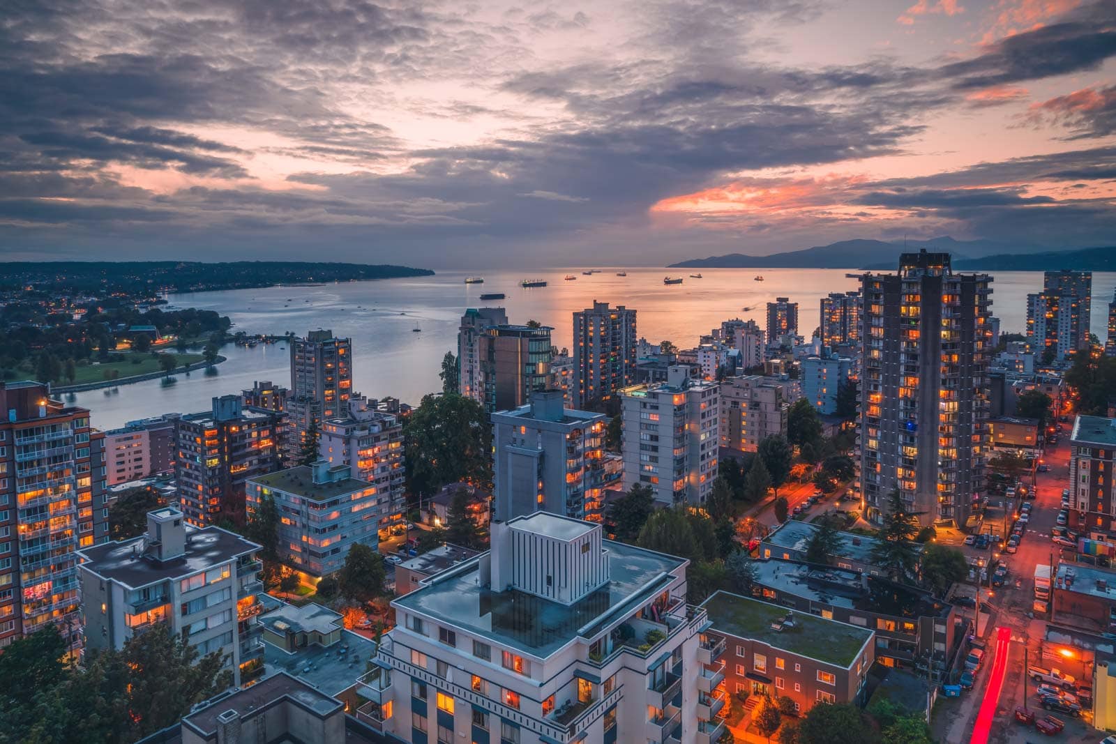 sunset over English Bay in Vancouver's West End.