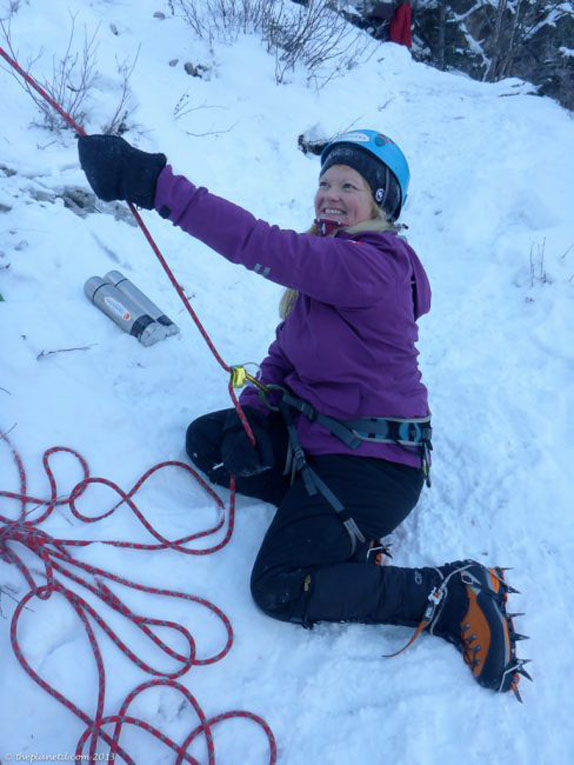 deb climbing in winter